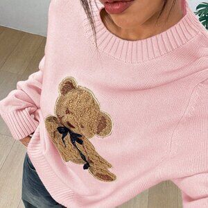 Pink Casual Women's Rib-Knit Long Sleeve Teddy Bear Embroidery Sweater